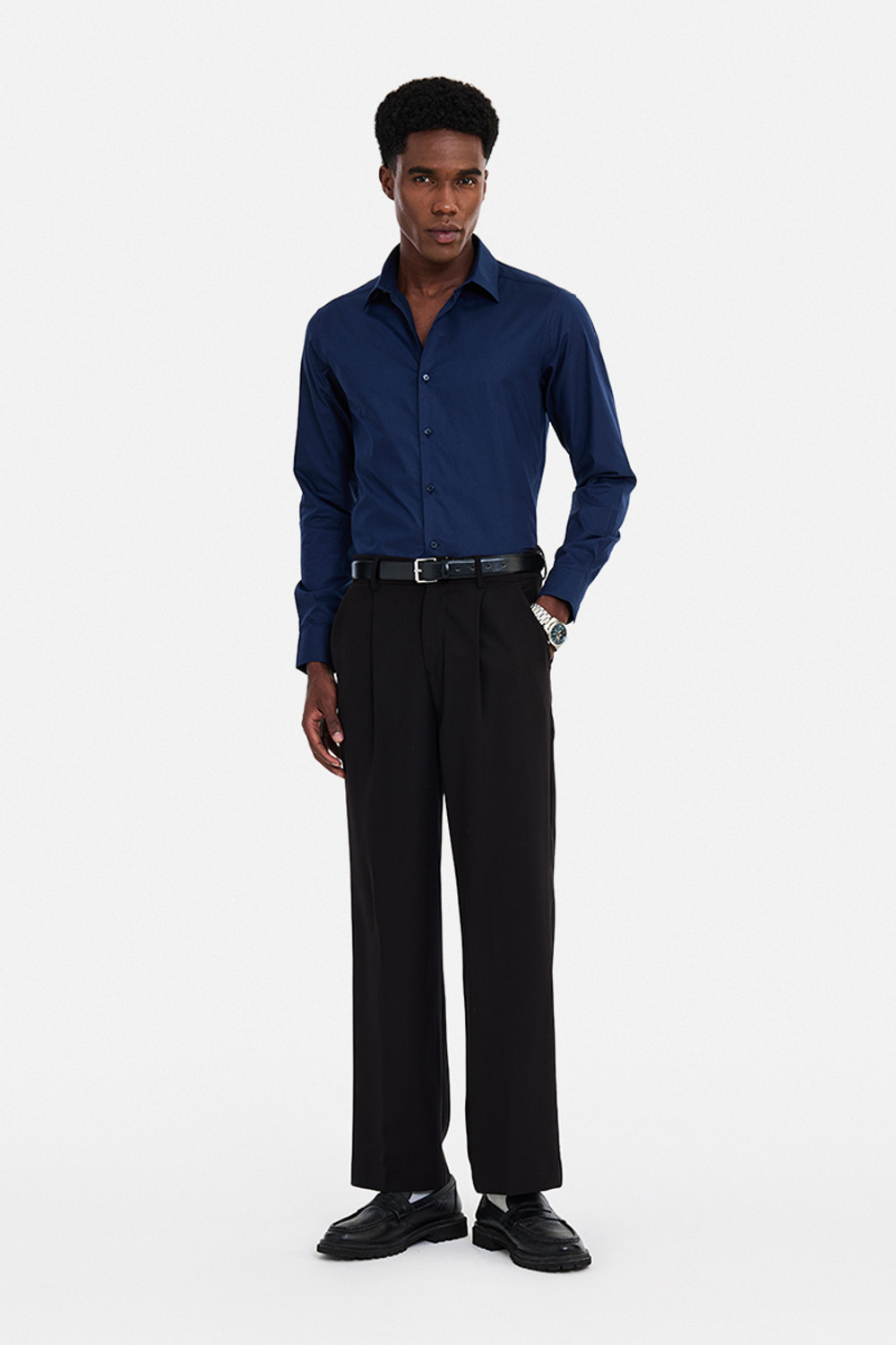 Image of Snitch Men Solid Formal Dark Blue Shirt