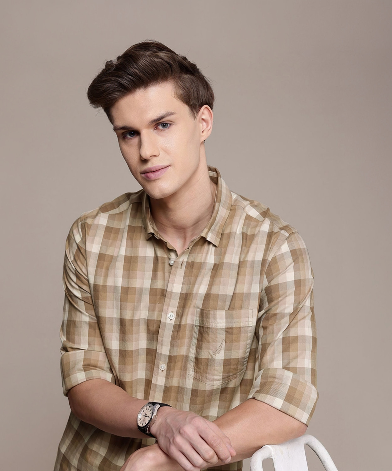 Image of NAUTICA Men Checkered Casual Brown Shirt