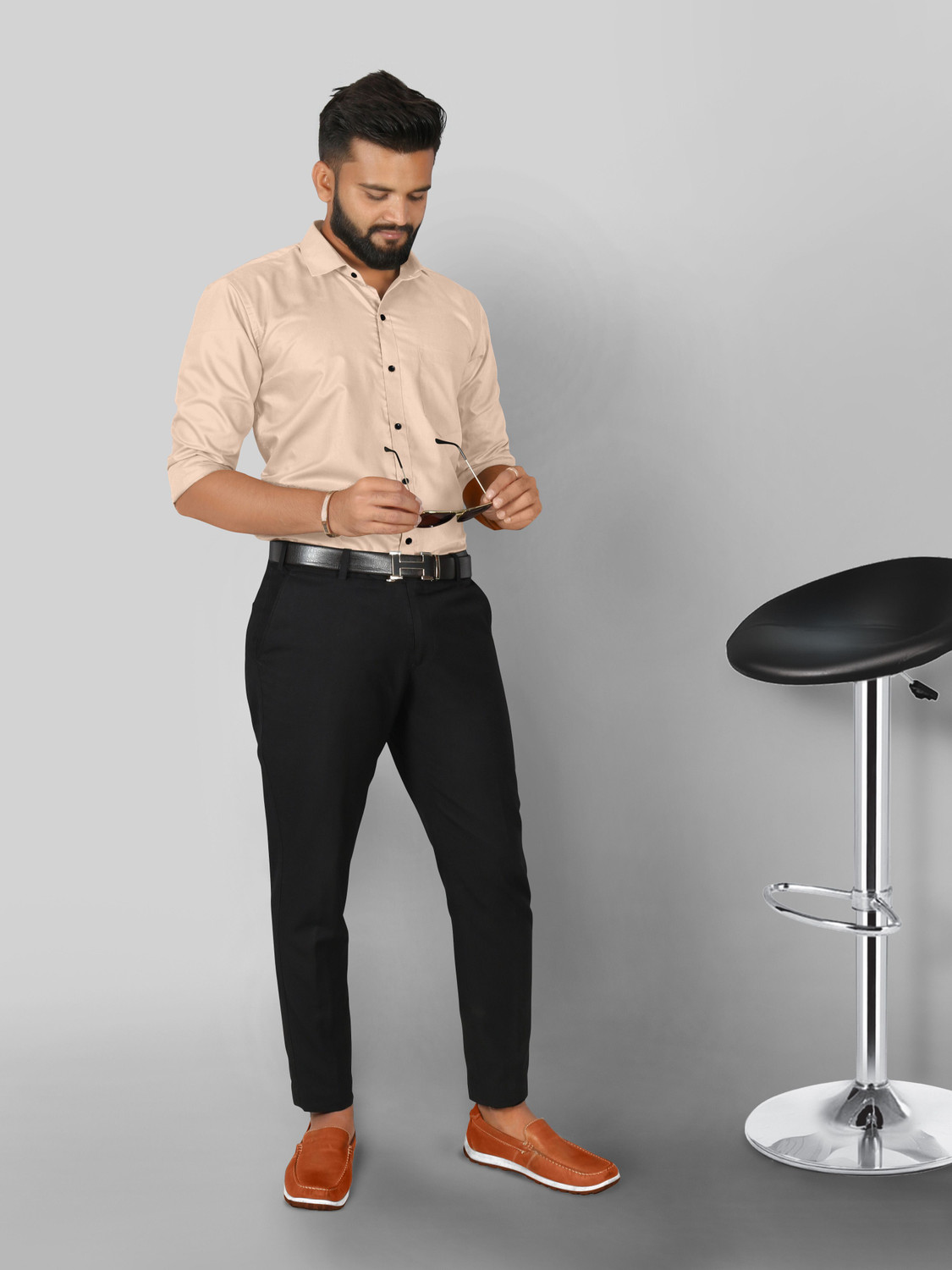 Image of FIBERMILL Men Solid Formal Beige Shirt