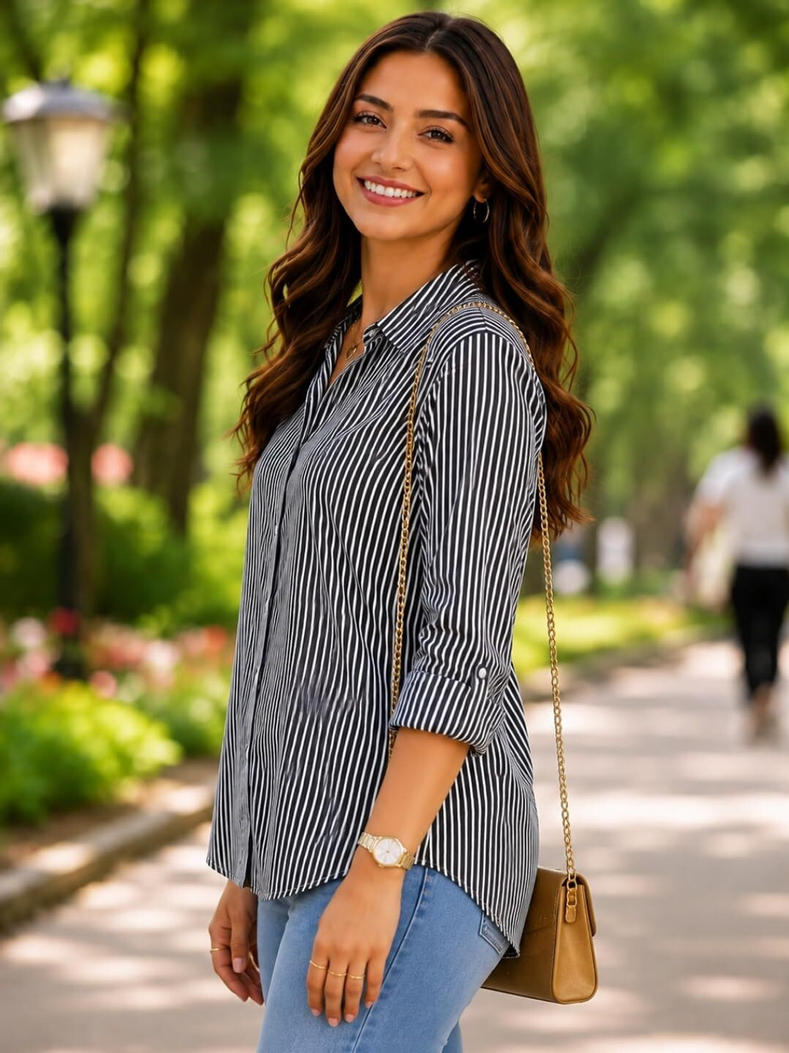 Image of VEZLINA Women Striped Casual Black Shirt