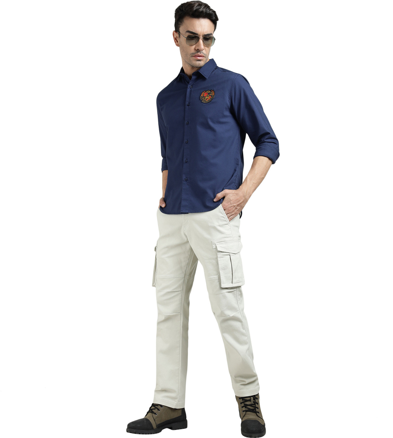 Image of ROYAL ENFIELD Men Solid Casual Dark Blue Shirt