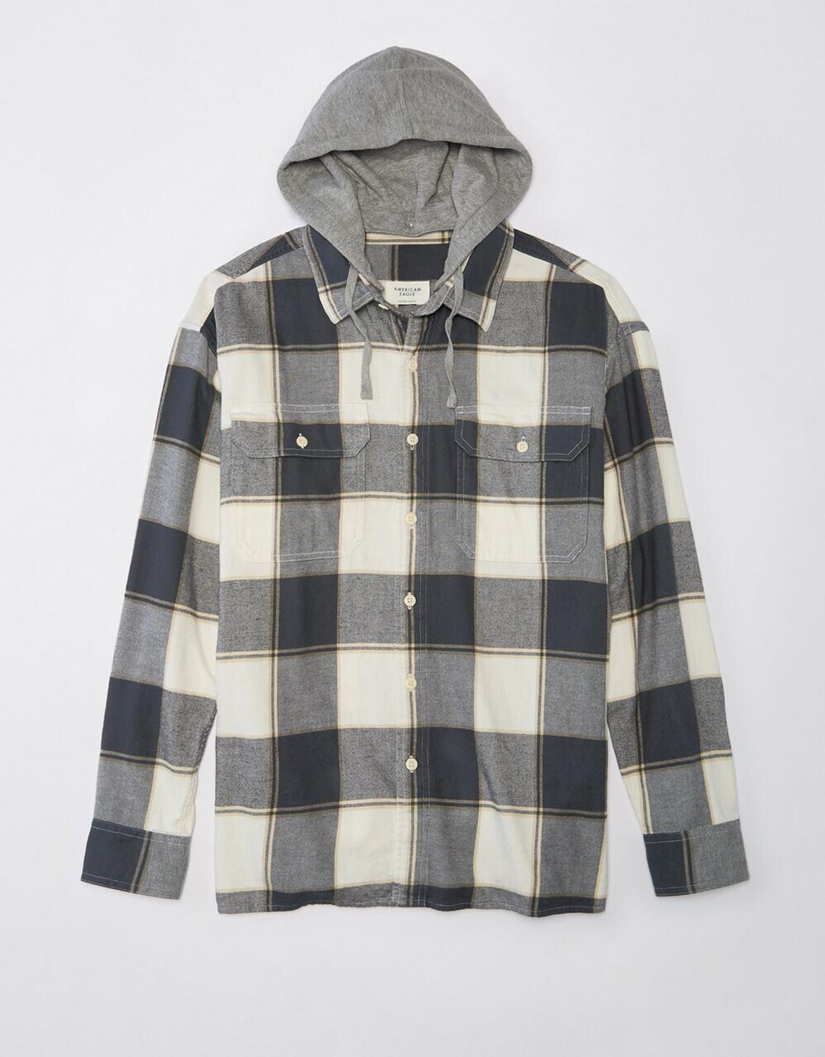 Image of American Eagle Men Checkered Casual White, Black, Grey Shirt