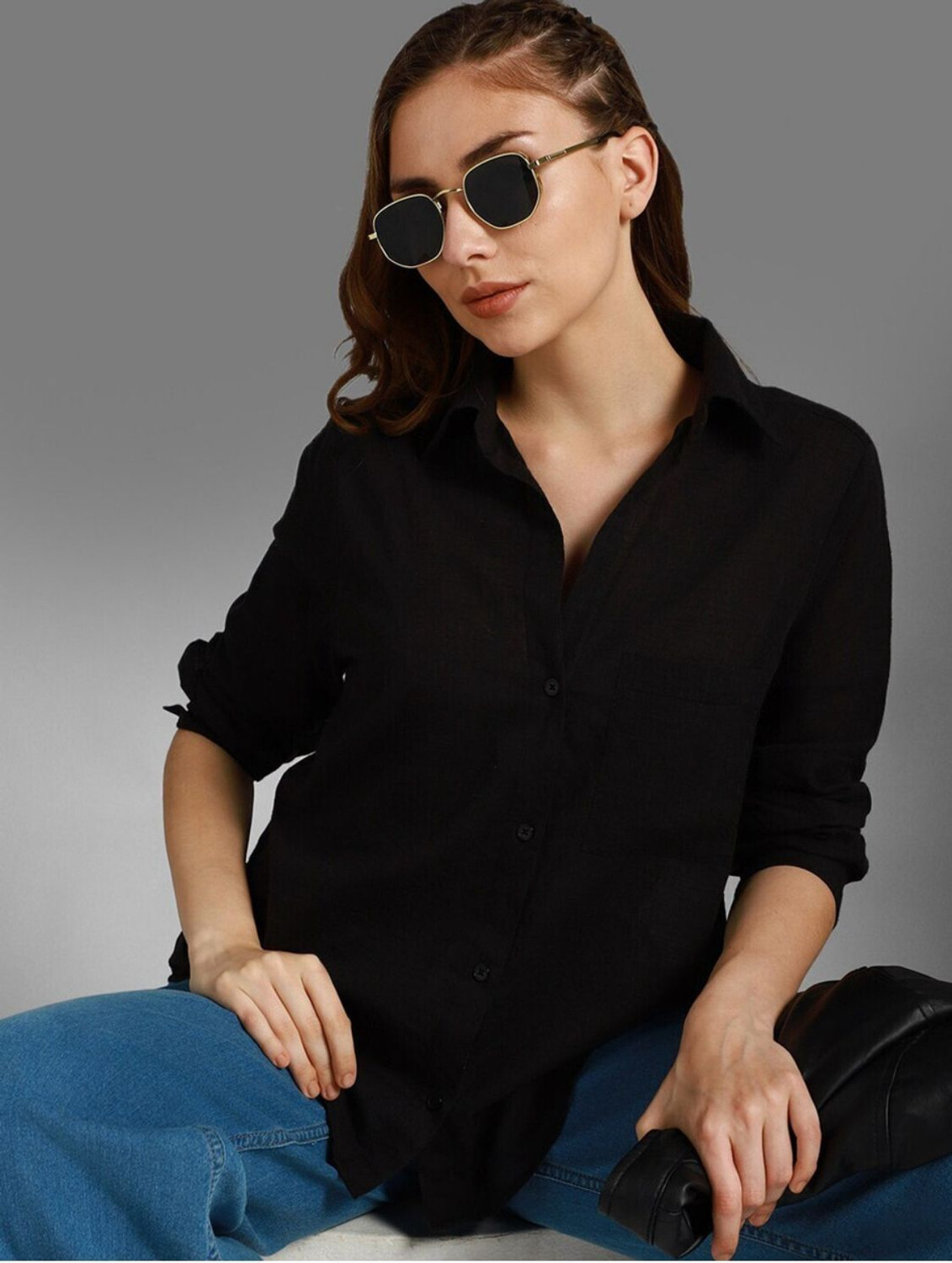 Image of SAARSHE Women Solid Casual Black Shirt