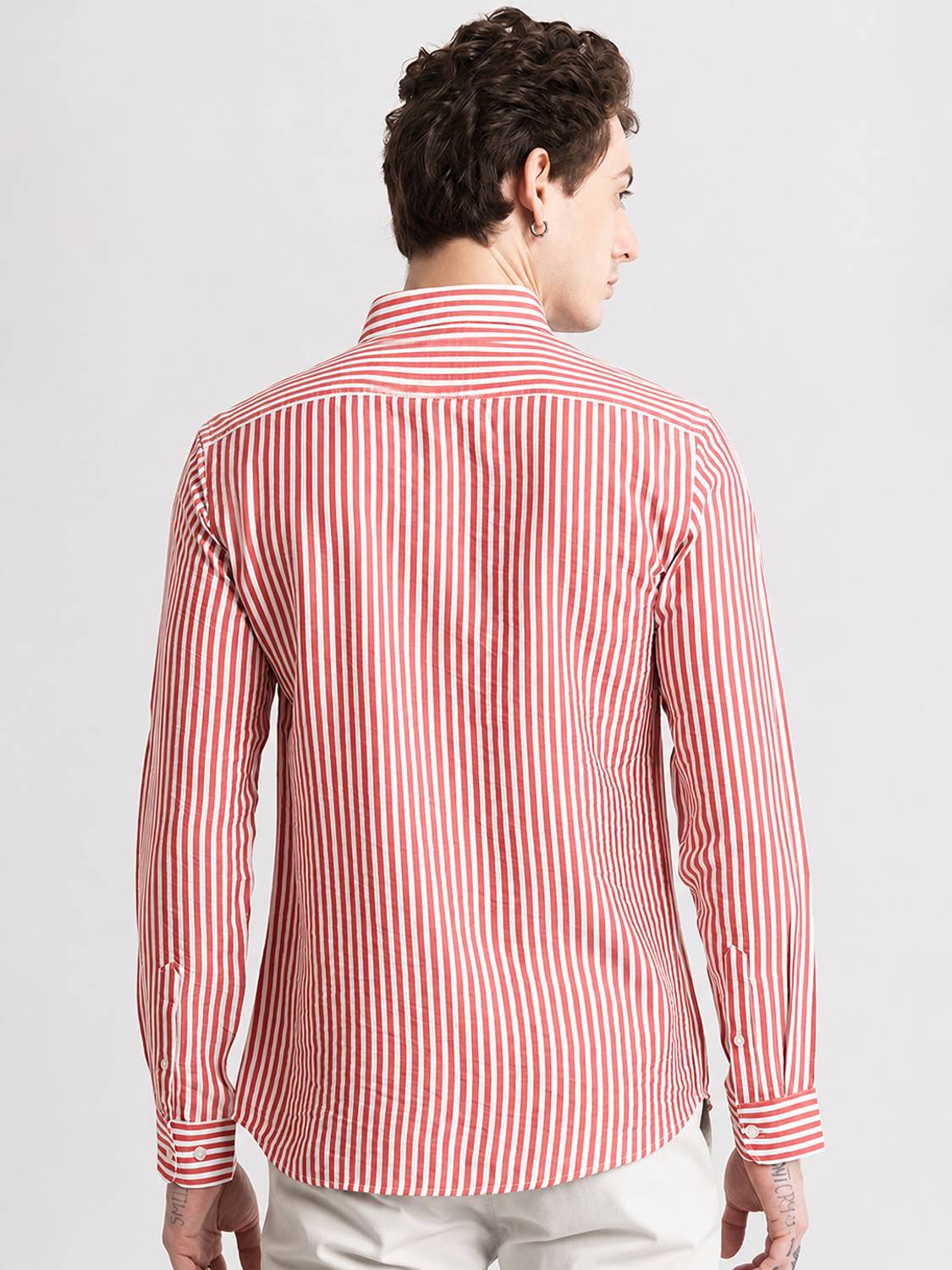 MANCLUB Men Striped Casual White, Red Shirt - Image 3