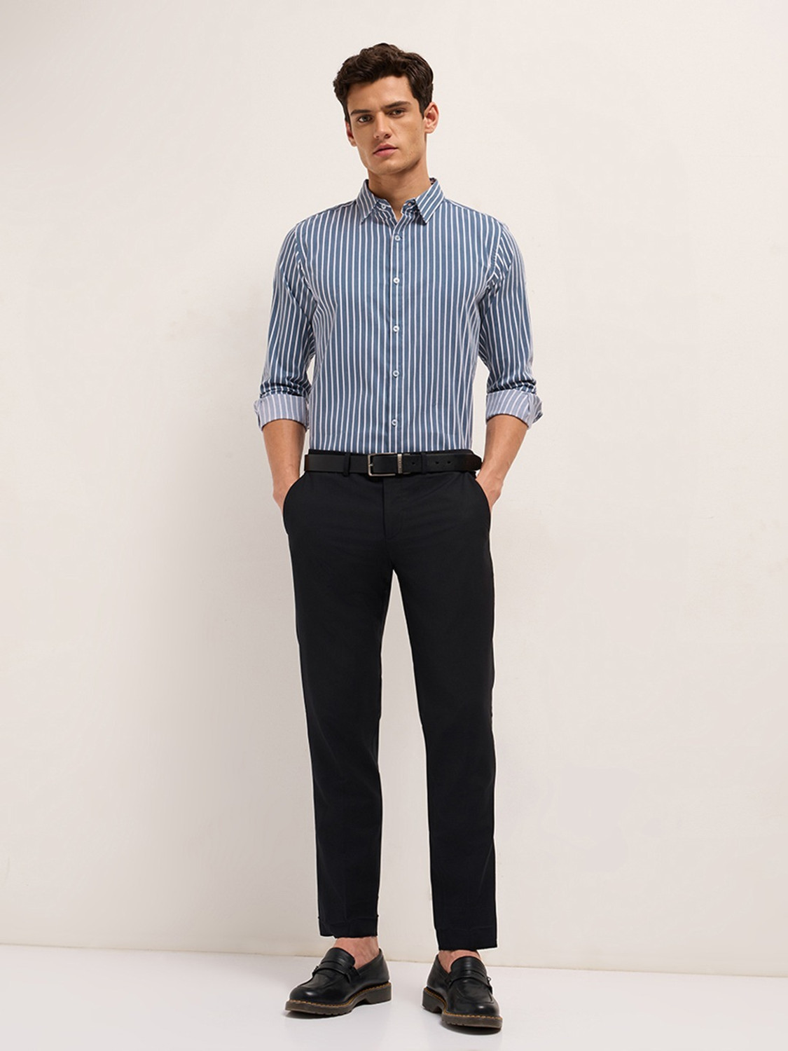 Image of MISCHIEF Monkey Men Striped Casual Blue Shirt