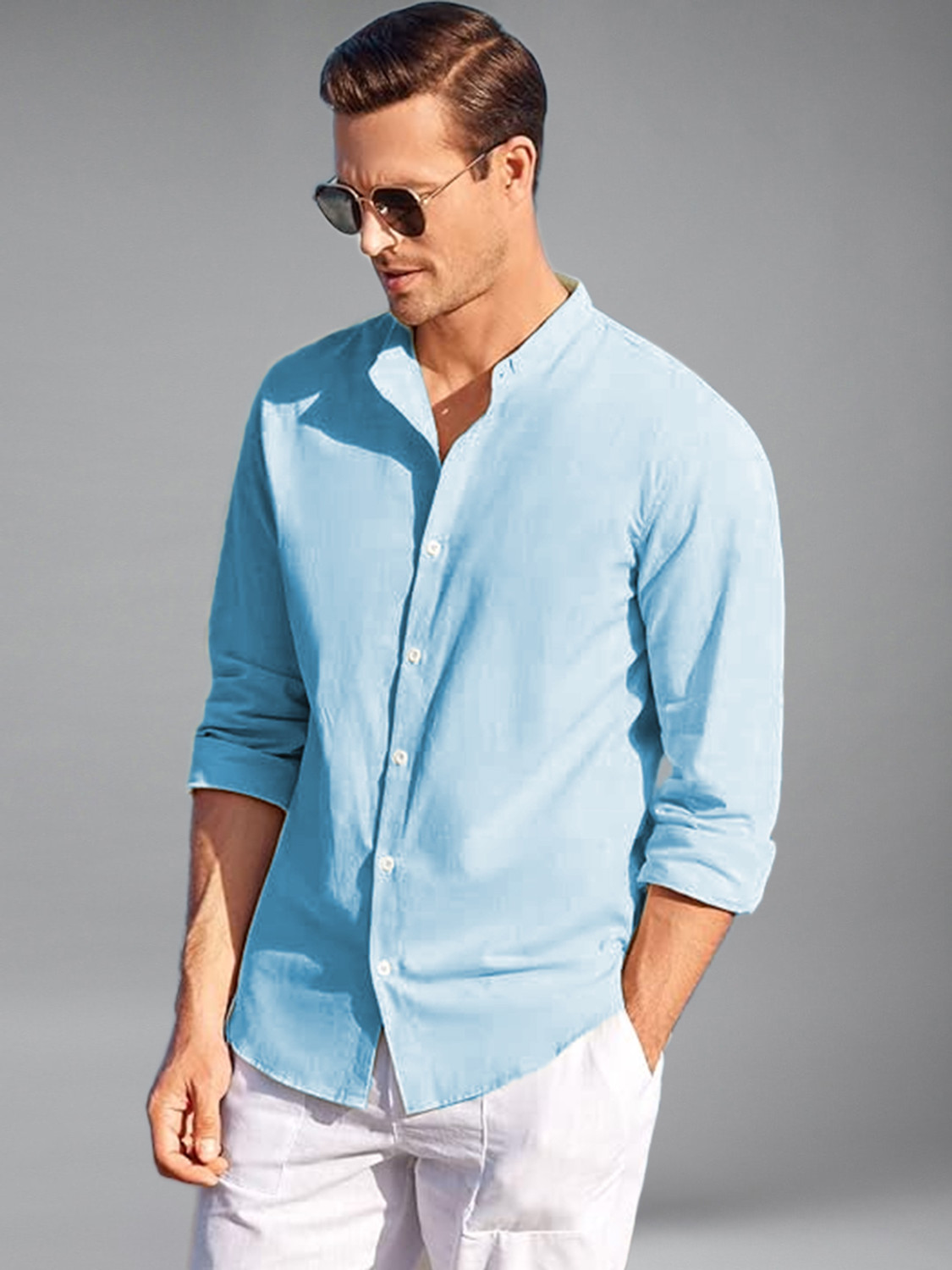 Image of Vashuqi Men Solid Casual Light Blue Shirt