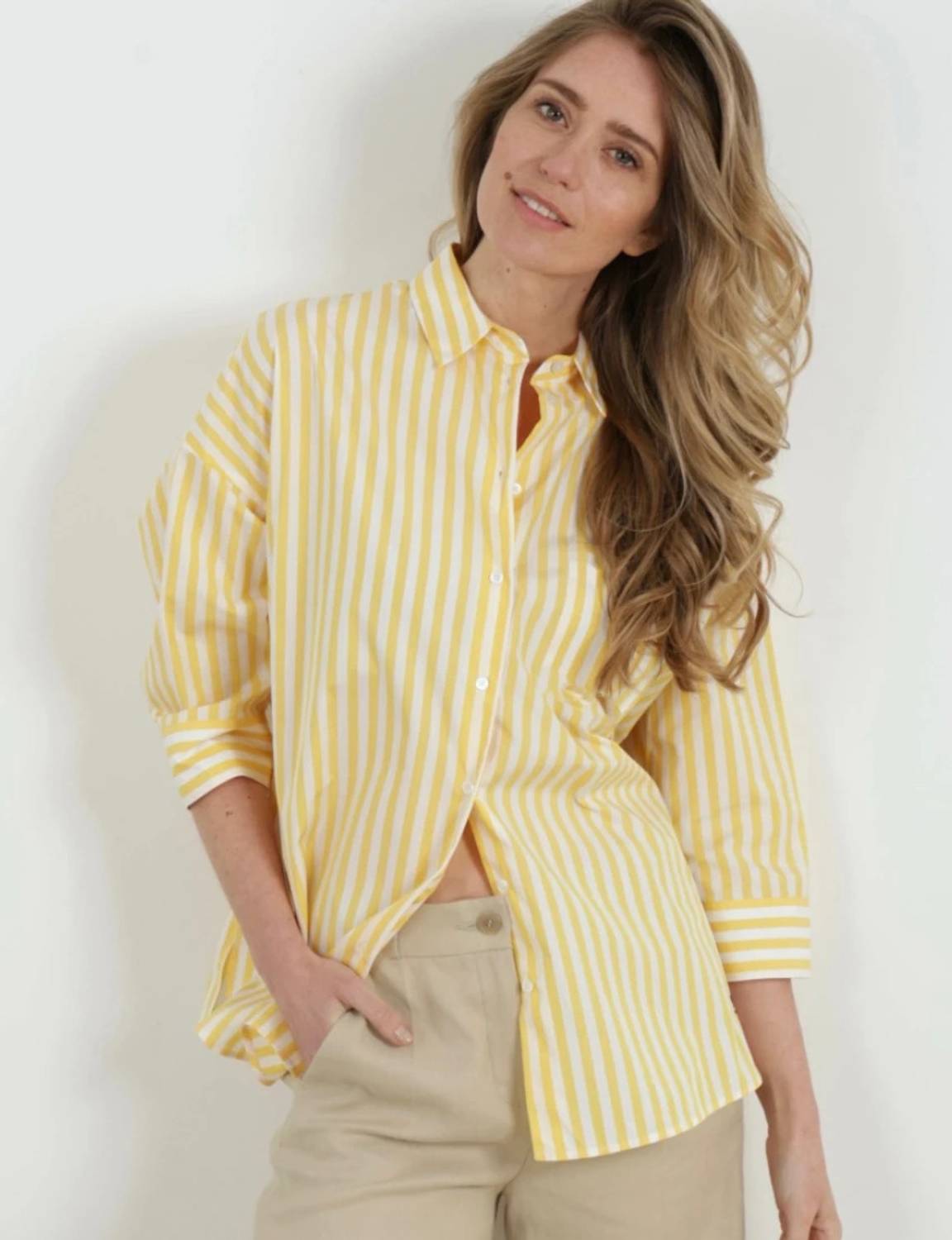 swaggish Women Striped Casual Yellow Shirt