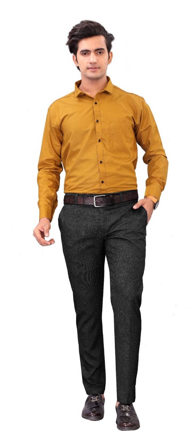 AVM SILK MILLS Men Solid Formal Yellow Shirt