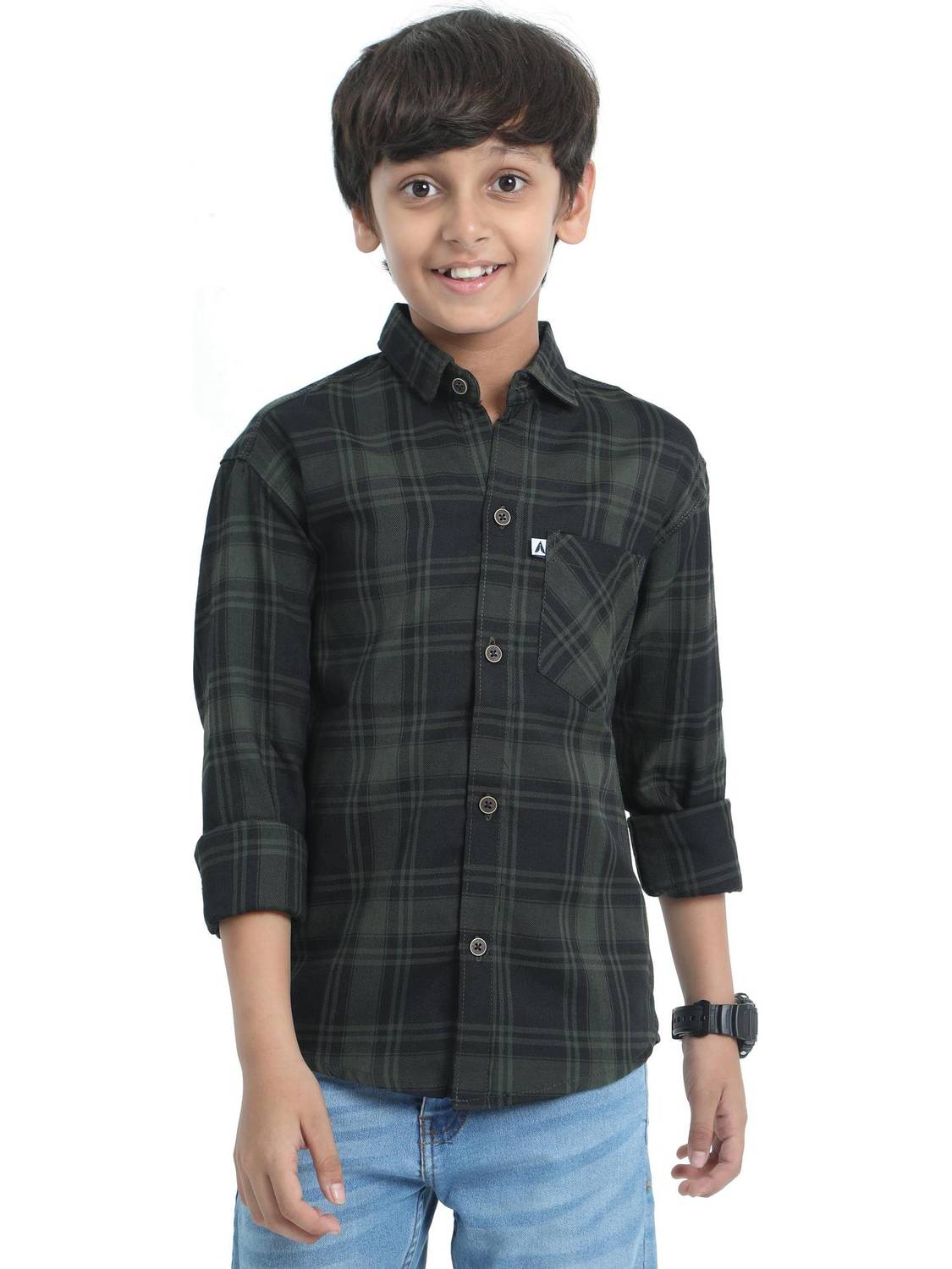 ALLWIN PAUL Boys Checkered Casual Black, Dark Green Shirt