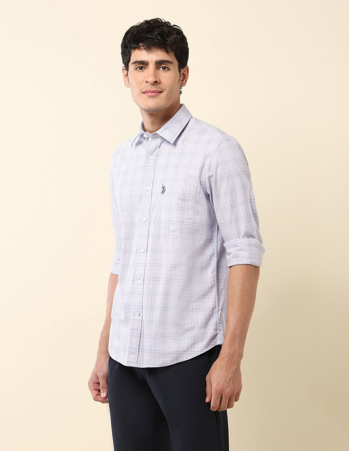 Image of U.S. POLO ASSN. Men Checkered Casual Grey Shirt