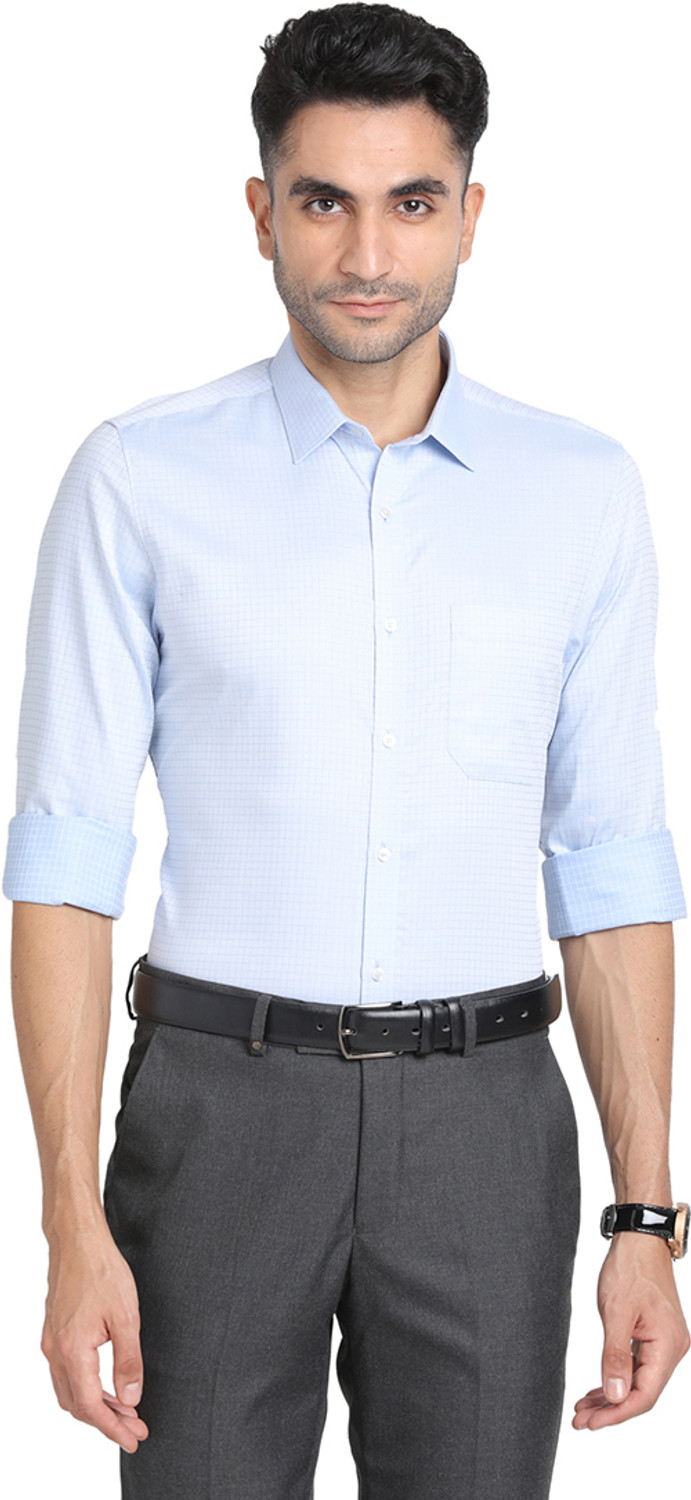 Image of TURTLE Men Checkered Formal Light Blue Shirt