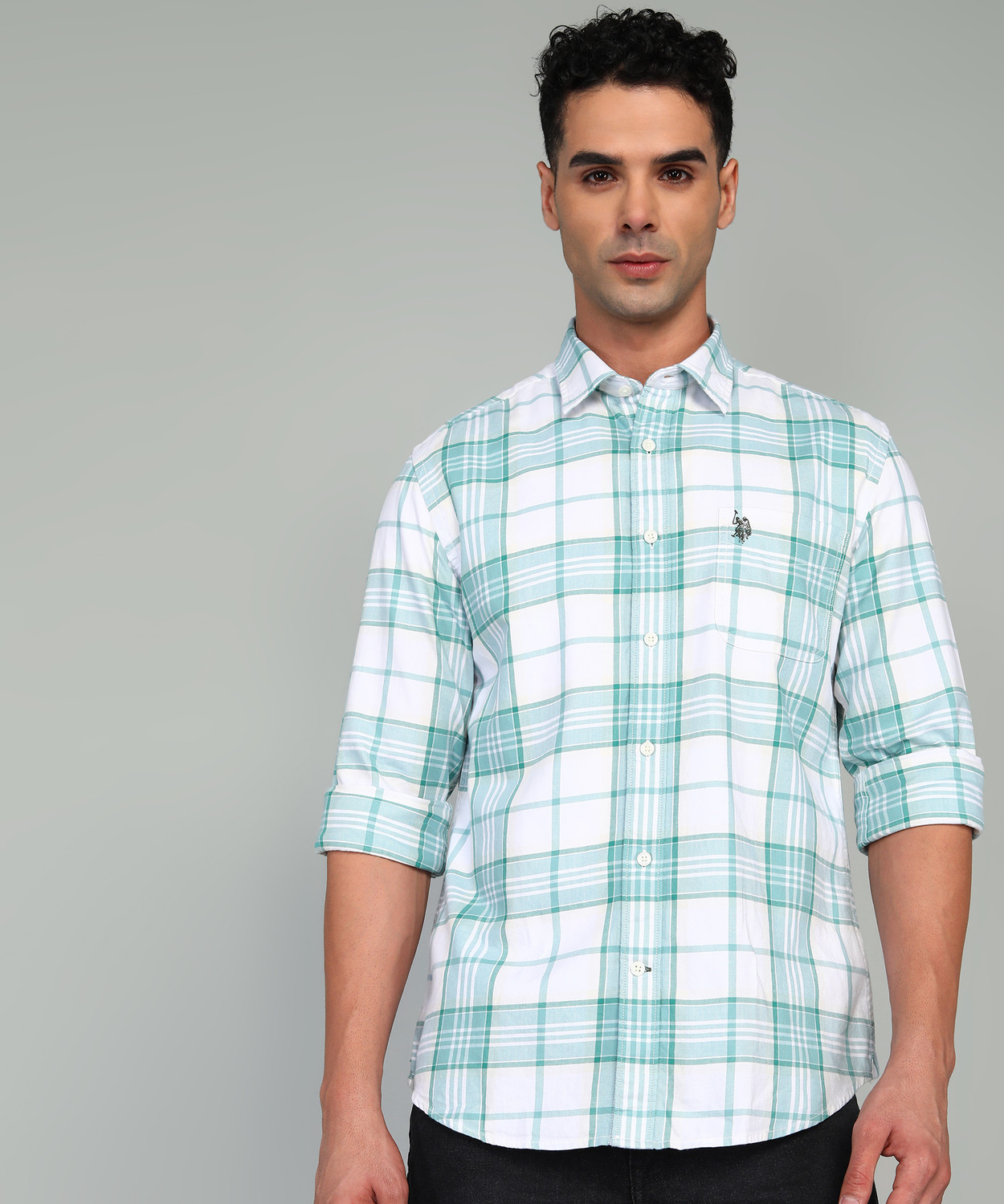 Image of U.S. POLO ASSN. Men Checkered Casual Green Shirt