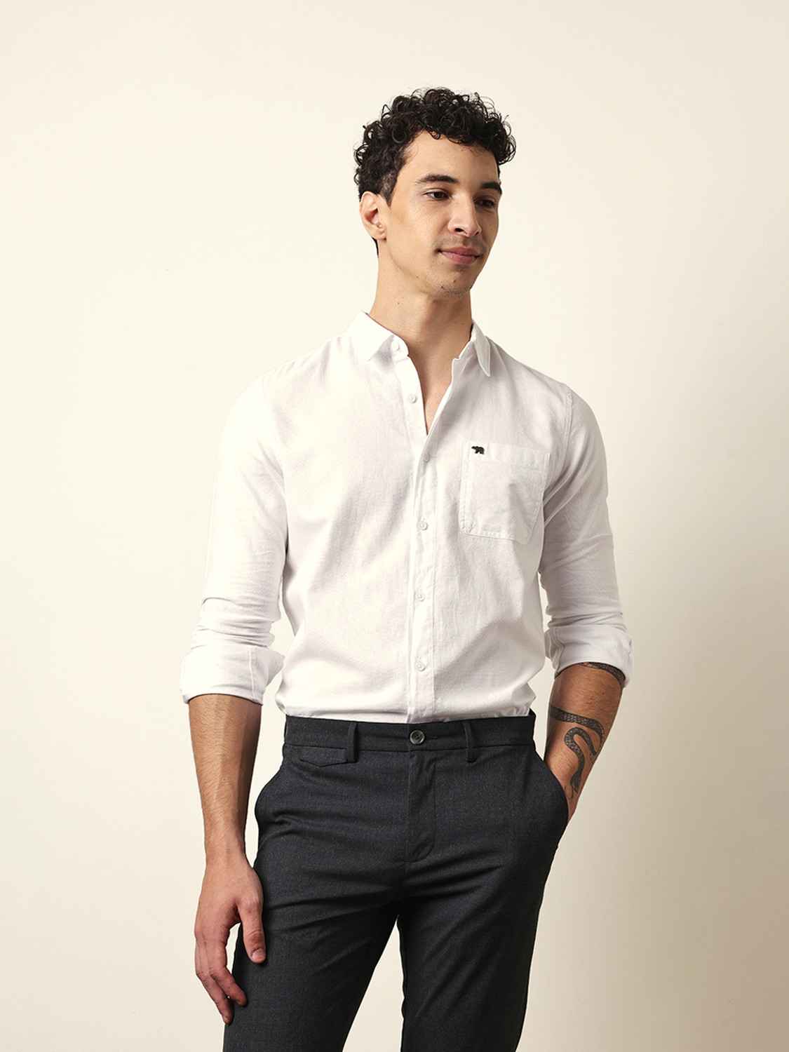 Image of THE BEAR HOUSE Men Solid Casual White Shirt