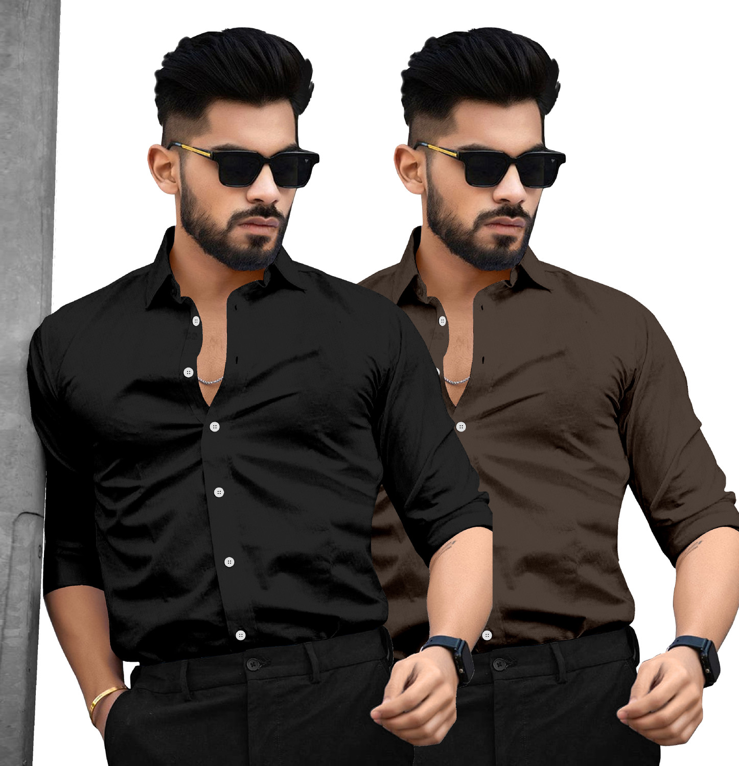 Image of SAADIWALA Men Solid Casual Black, Brown Shirt