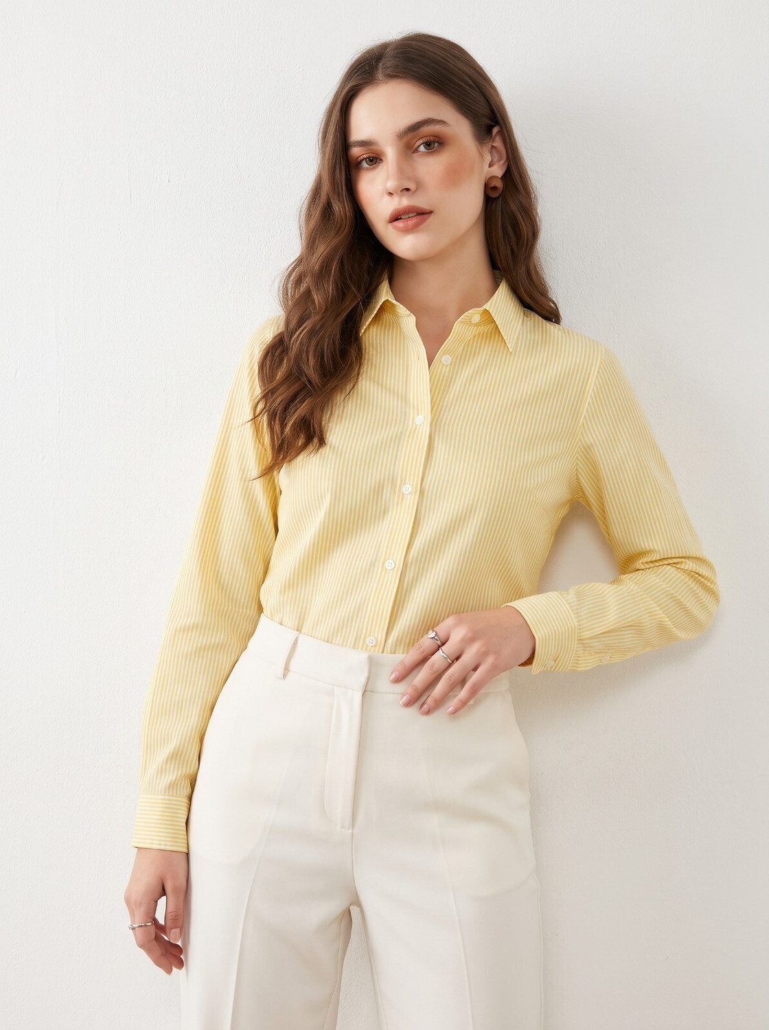 Image of Ovum Women Striped Casual White, Yellow Shirt