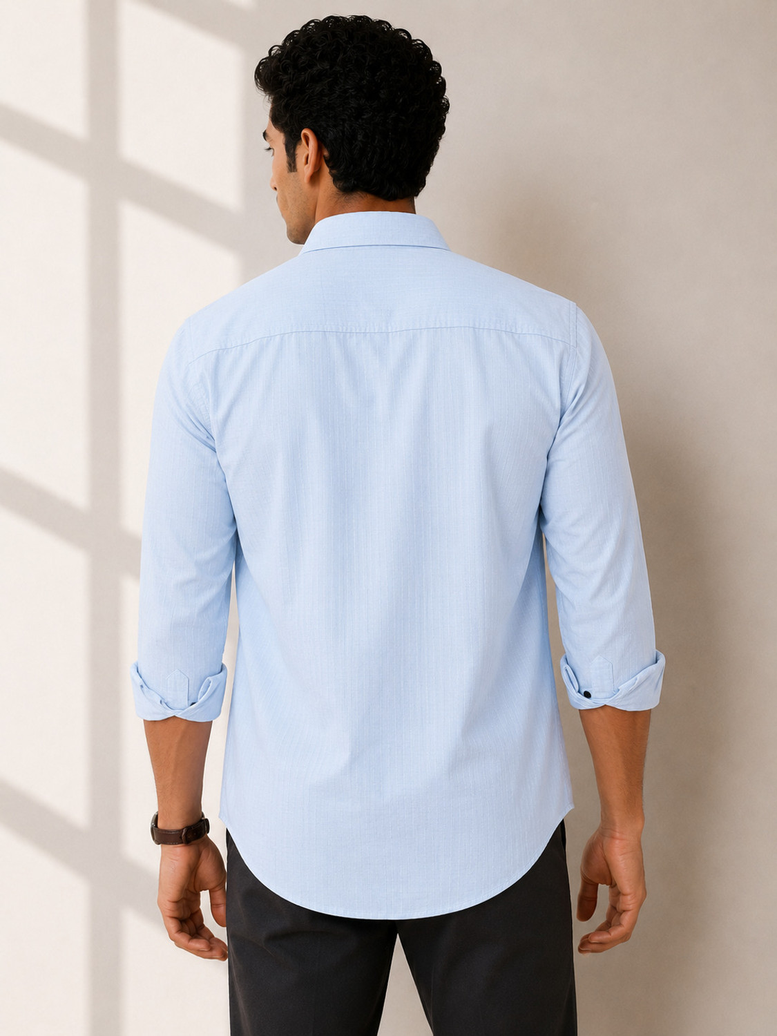 Image of Lyphy Men Solid Casual Light Blue Shirt