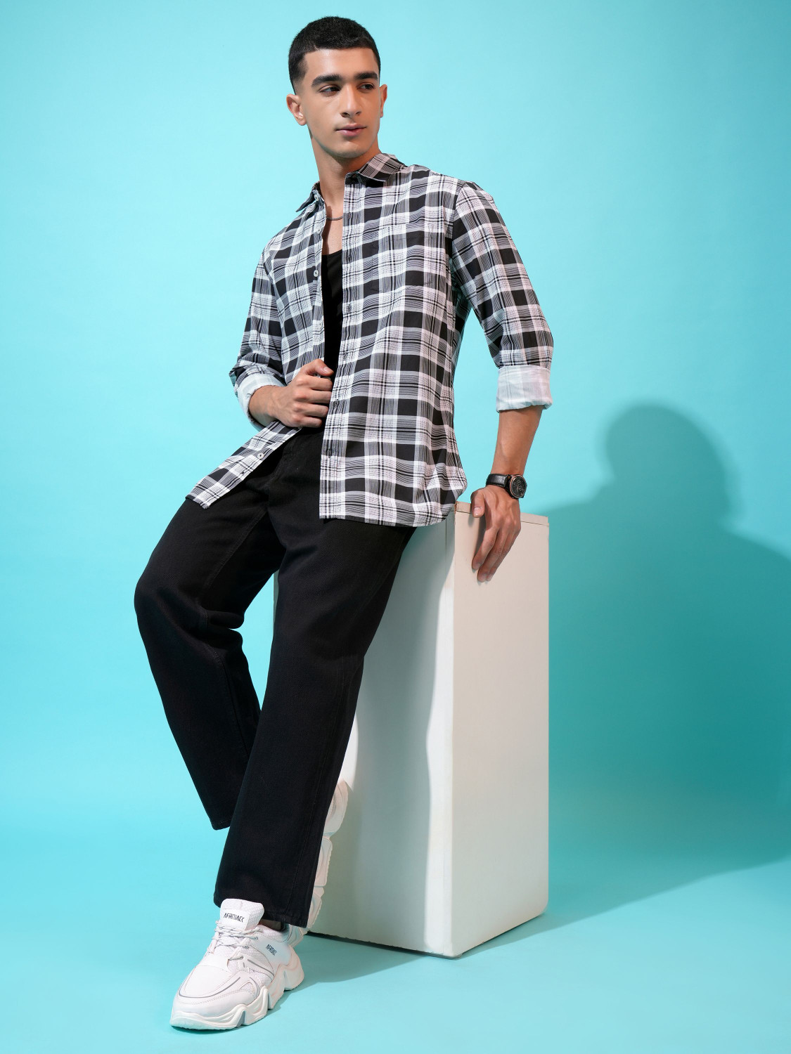 Image of HIGHLANDER Men Checkered Formal White Shirt