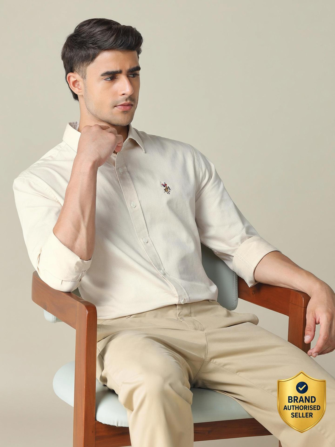 Image of U.S. POLO ASSN. Men Solid Casual Beige Shirt
