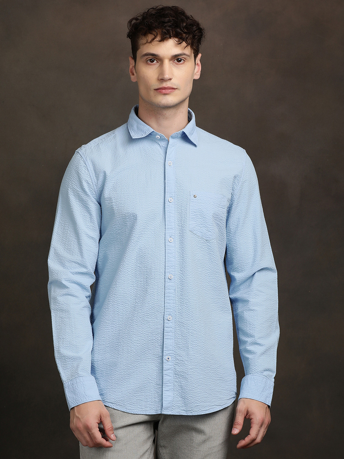 Image of TURTLE Men Solid Casual Light Blue Shirt