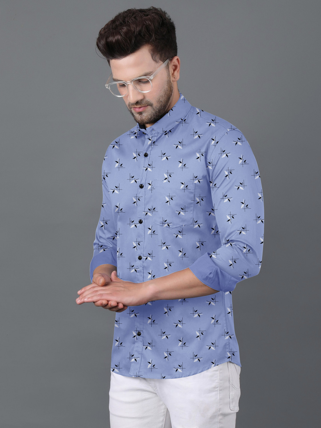 Image of SHUBHFLAX Men Printed Casual Orange, Light Blue Shirt