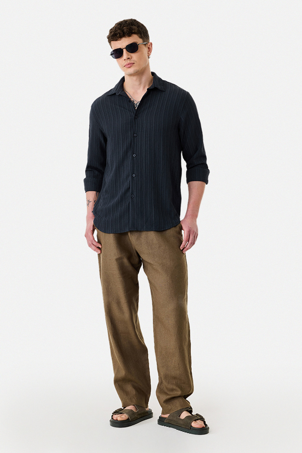 Image of Snitch Men Self Design Casual Dark Blue Shirt
