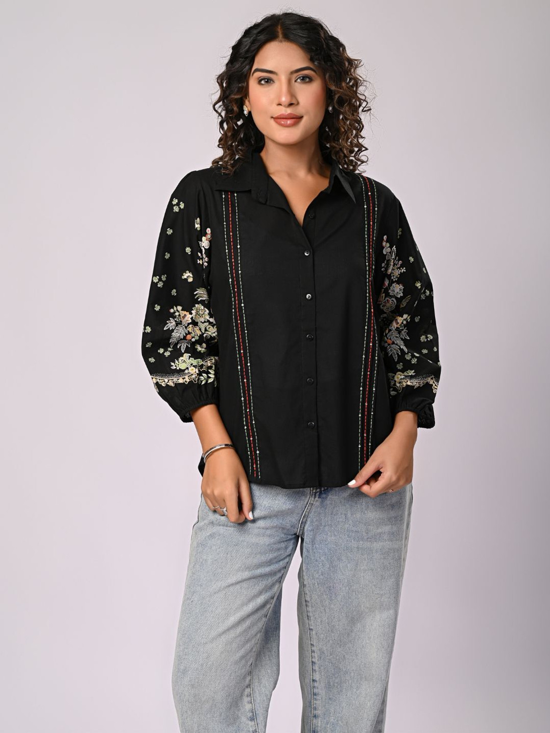Image of Zolo Label Women Solid, Floral Print, Embroidered Casual Black Shirt