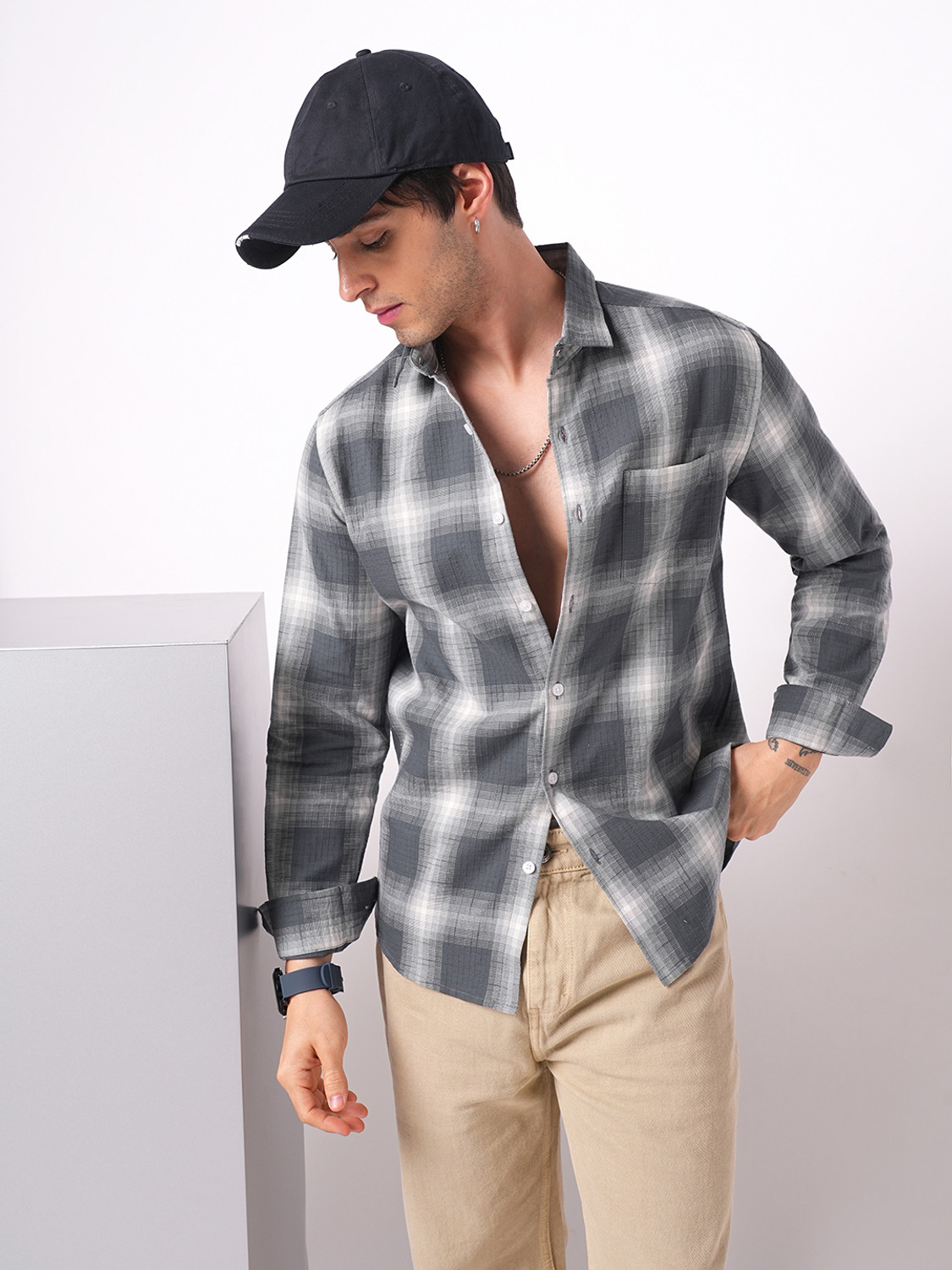 Image of VASTRADO Men Checkered Casual Grey Shirt