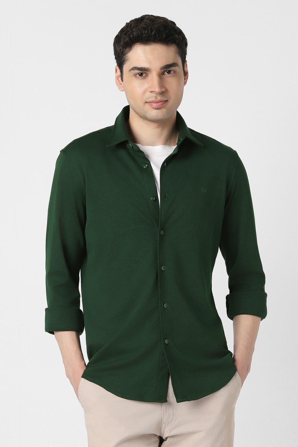 Image of PETER ENGLAND Men Solid Casual Green Shirt