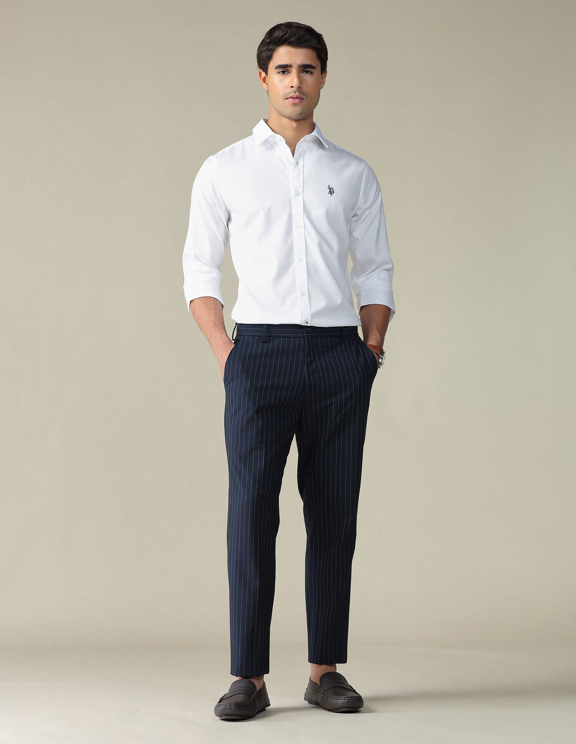 Image of U.S. POLO ASSN. Men Self Design Formal White Shirt