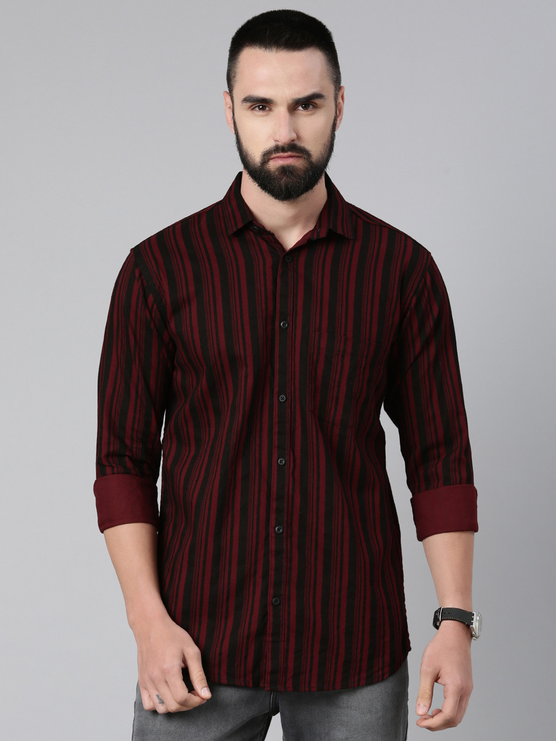 Image of Majestic Man Men Striped Casual Maroon Shirt