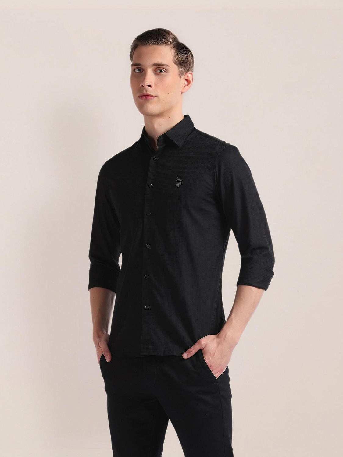 Image of U.S. POLO ASSN. Men Solid Casual Black Shirt