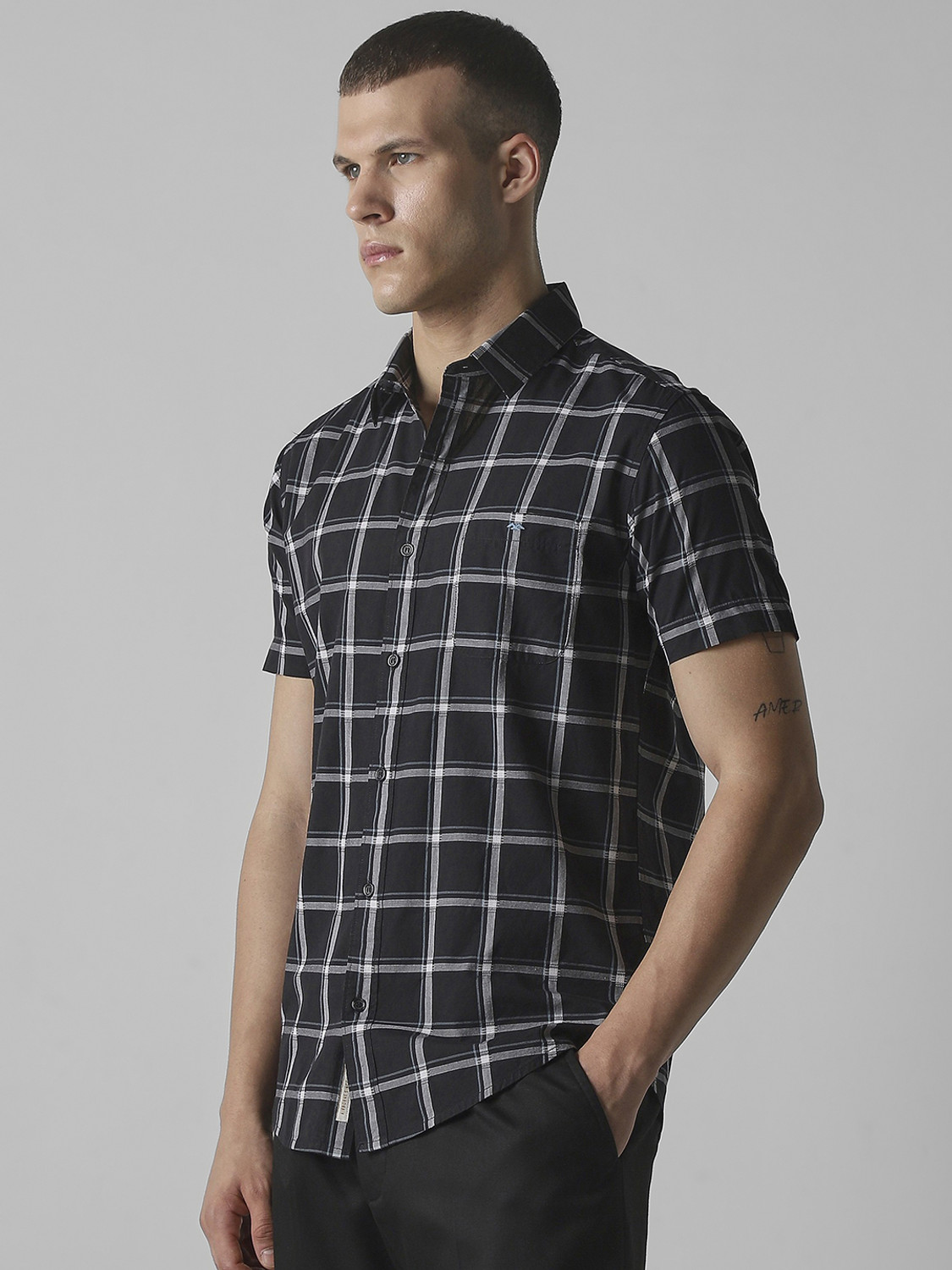 Image of MUFTI Men Checkered Casual Black, White, Light Blue Shirt