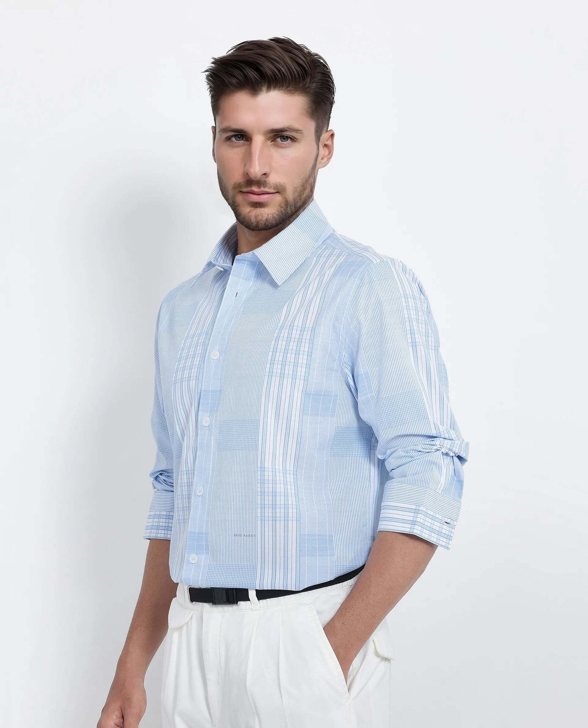 Image of RARE RABBIT Men Checkered Formal Blue Shirt