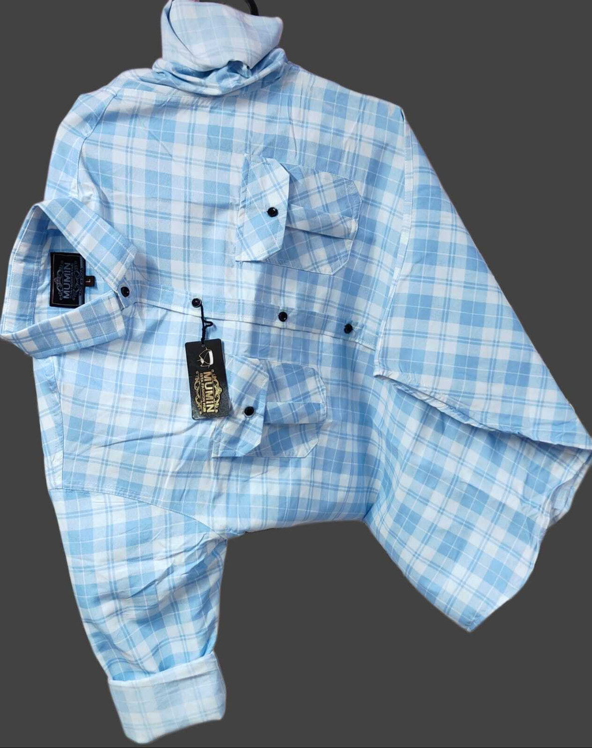 Image of MUMIN Men Checkered Casual Light Blue, White Shirt