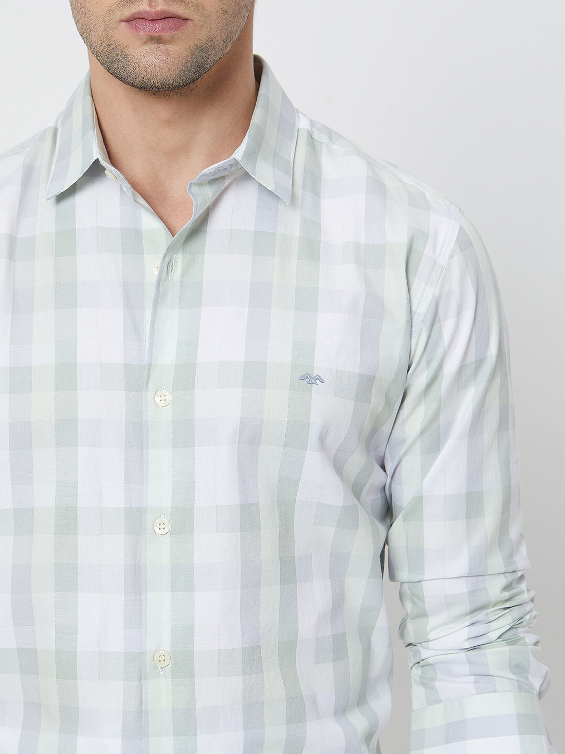 Image of MUFTI Men Checkered Casual Grey, Light Green, White Shirt