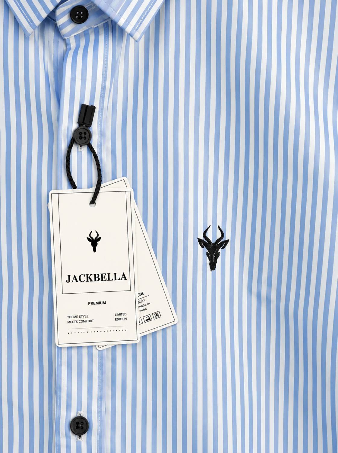 JACKBELLA Men Striped Light Blue, White Shirt - Image 3