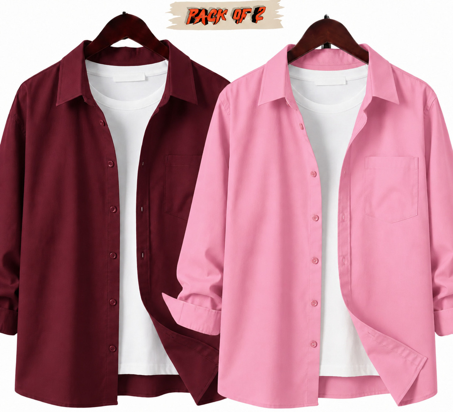 Image of GLOREN Men Regular Fit Solid Spread Collar Casual Shirt (Pack of 2)