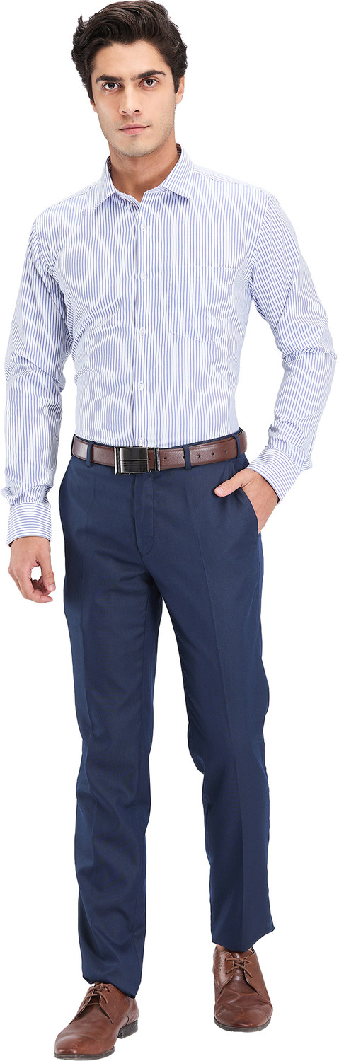 Image of PARK AVENUE Men Striped Formal Blue Shirt