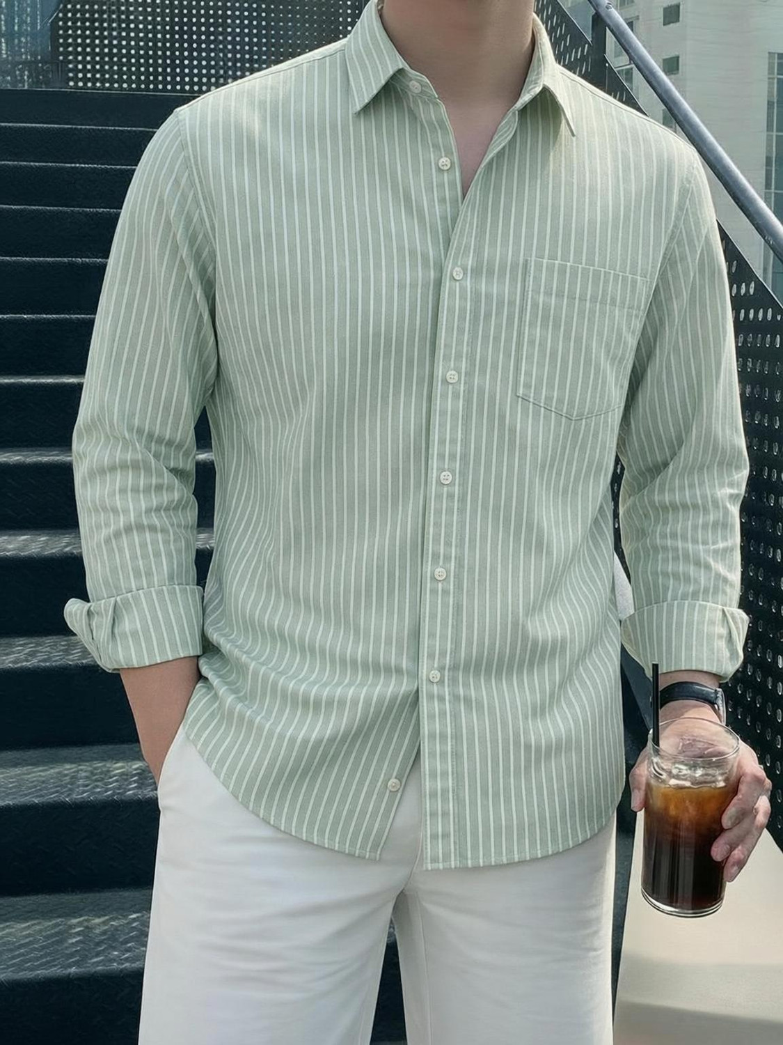 Image of indossare Men Striped Casual Light Green Shirt