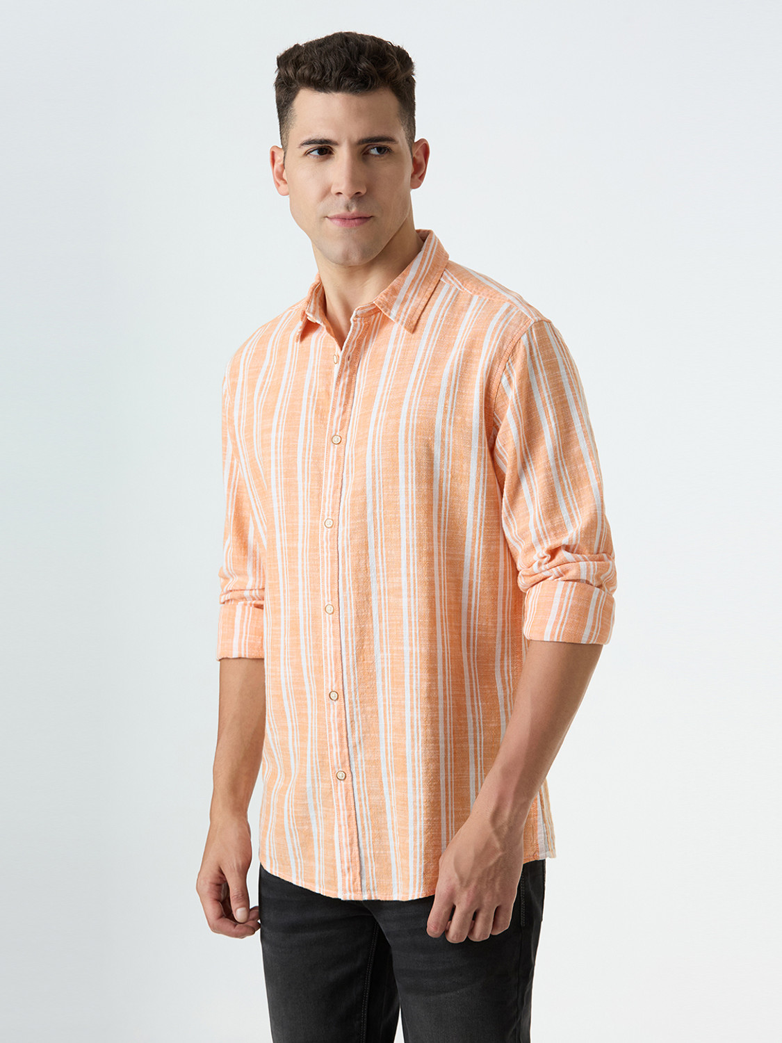 Image of Pepe Jeans Men Striped Casual Orange Shirt
