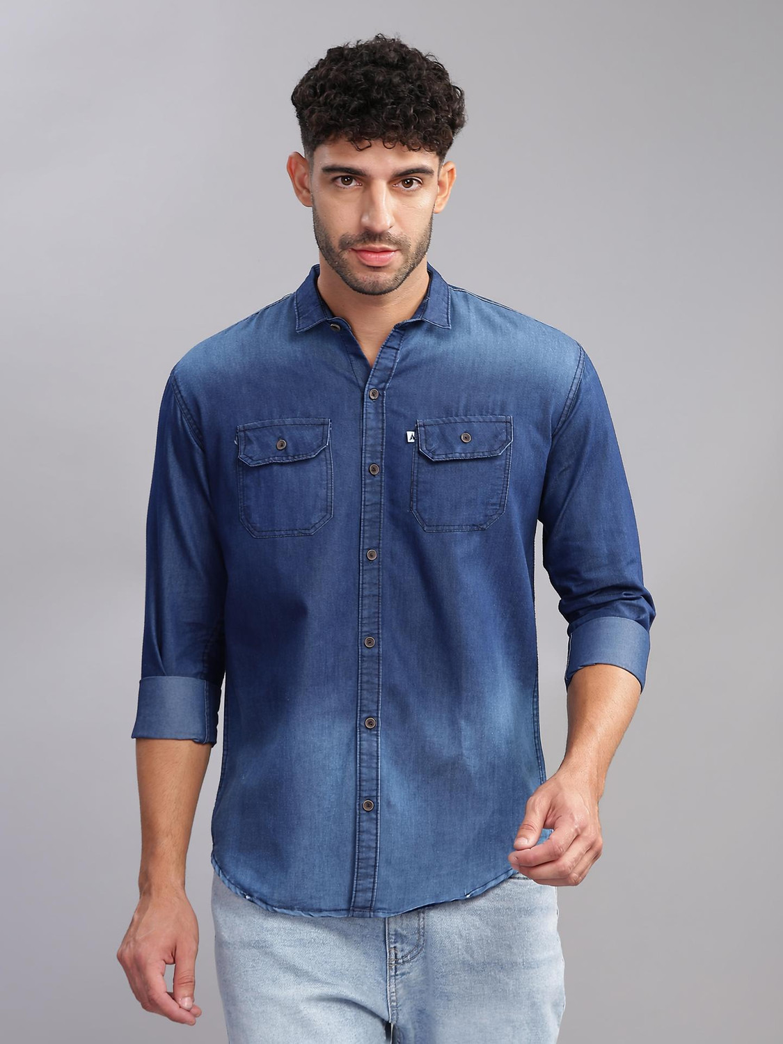 Image of AIDAN PAUL Men Washed Casual Dark Blue Shirt