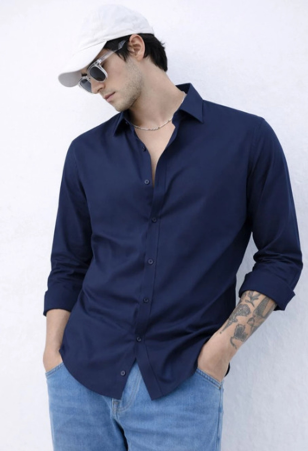 Image of Lycka Men Solid Casual Dark Blue Shirt