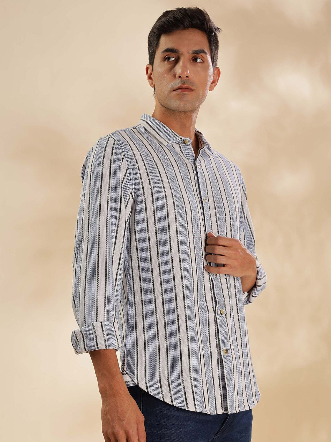 Image of HERE&NOW Men Striped Casual Blue Shirt