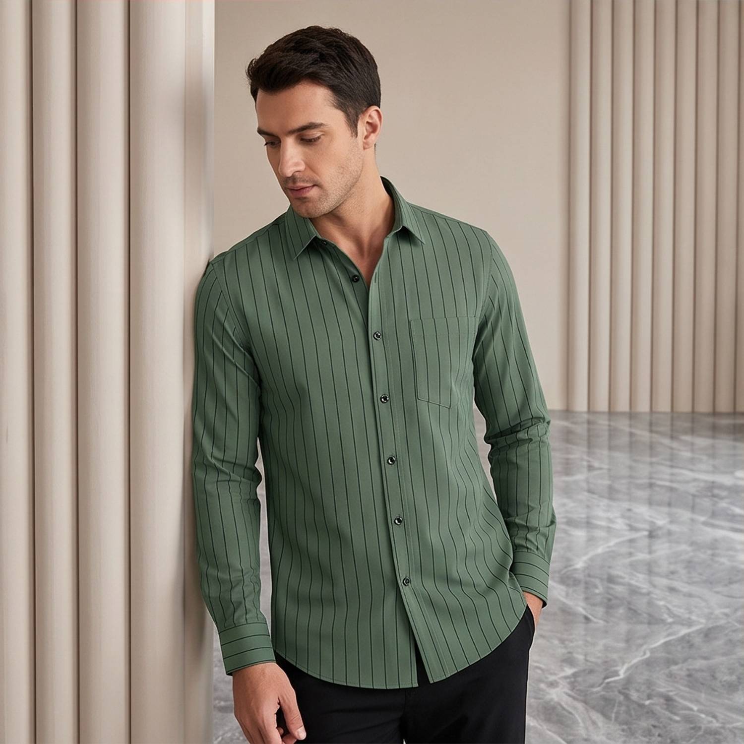 Boninos Men Striped Casual Green Shirt - Image 3