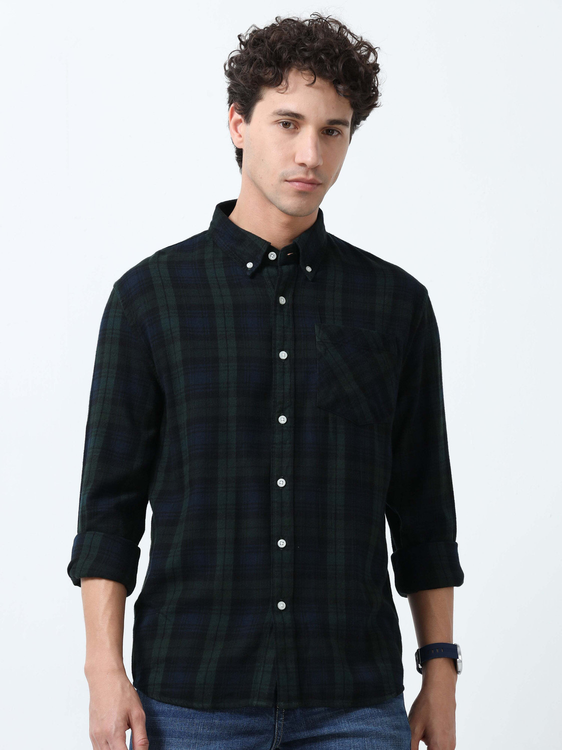 Image of ESPANSHE Men Checkered Casual Dark Green Shirt