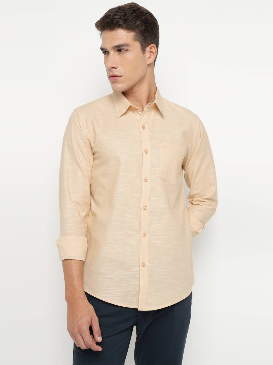 Allen Cooper Men Solid Casual Beige Shirt