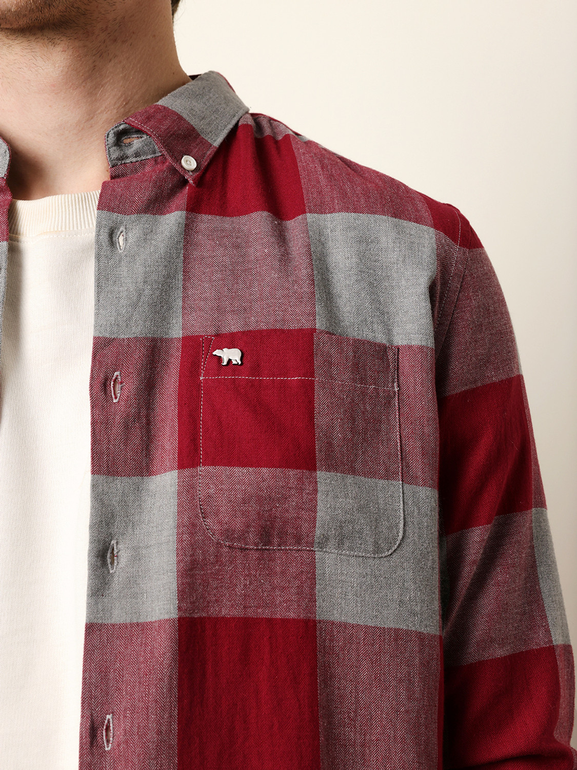 Image of THE BEAR HOUSE Men Checkered Casual Maroon Shirt