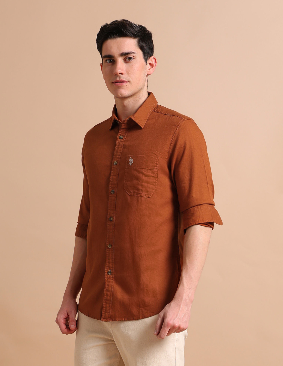 Image of U.S. POLO ASSN. Men Solid Casual Orange Shirt