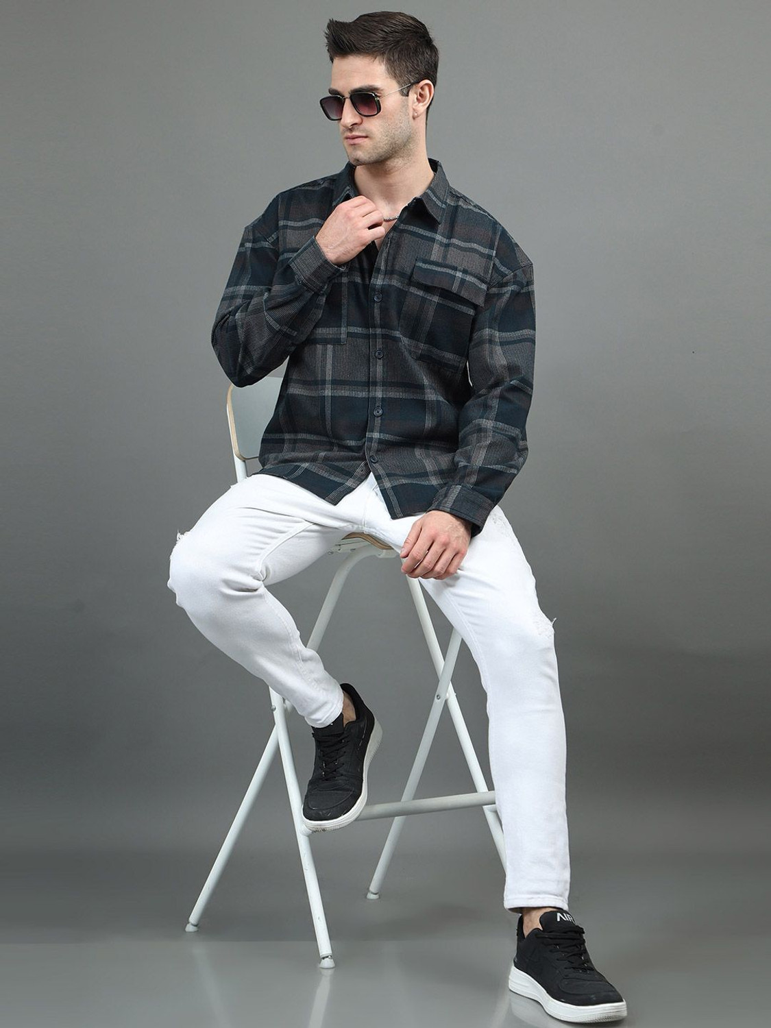 Image of HERE&NOW Men Checkered Casual Blue Shirt