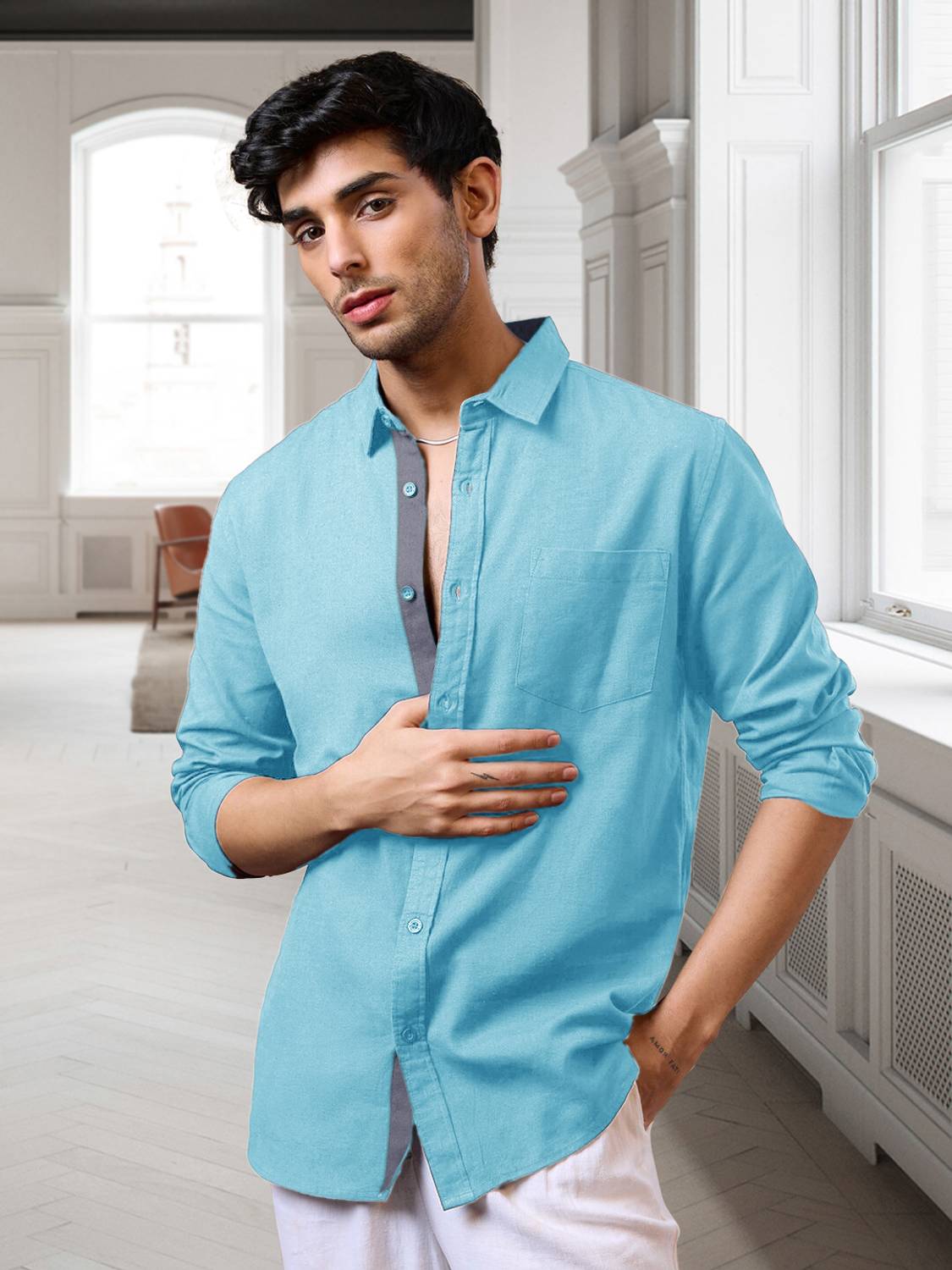 7Threads Men Solid Formal Light Blue Shirt